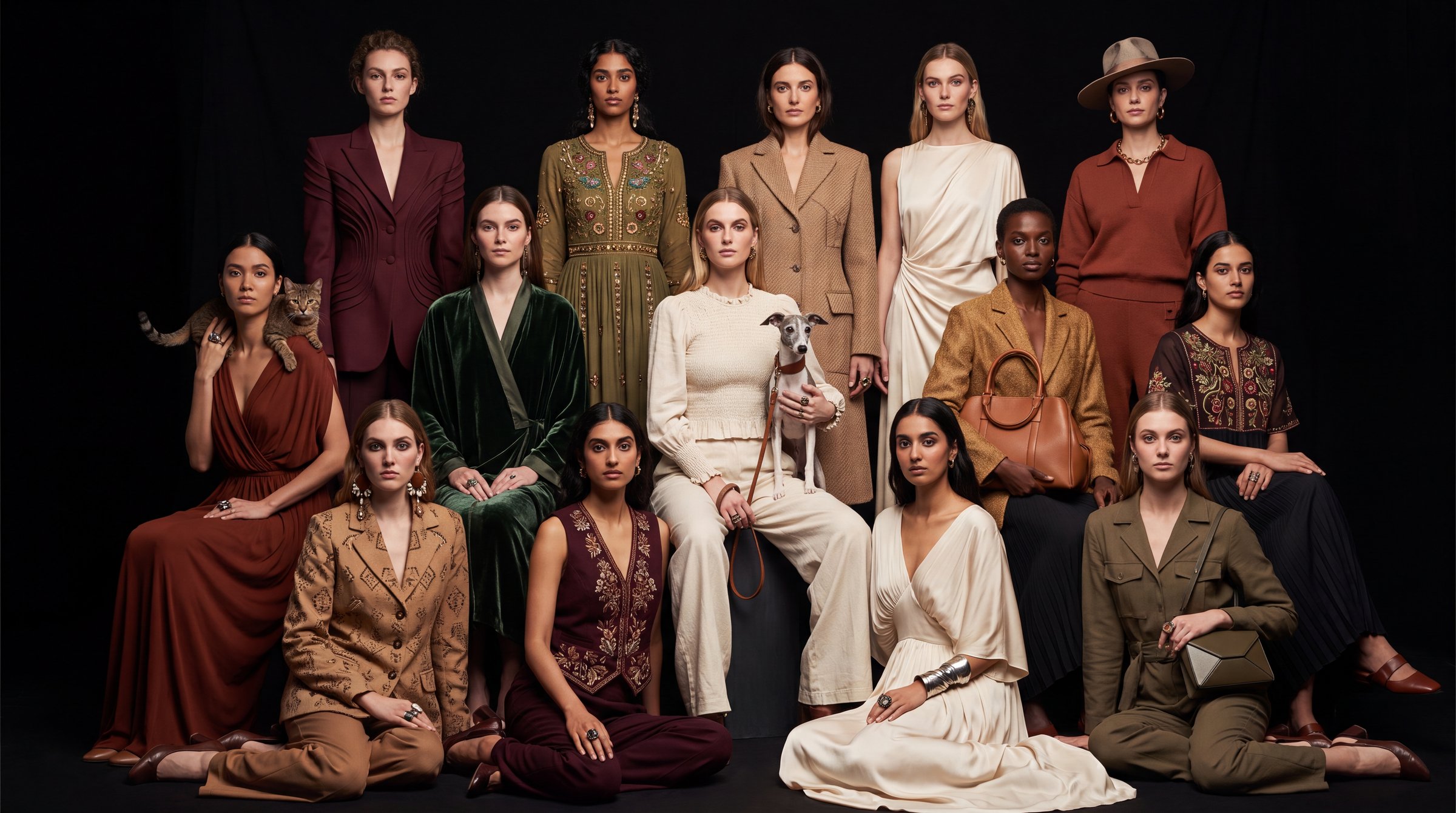 A collective of women in a range of couture, tailoring, and hand-embroidered pieces, representing the House of Twee brands